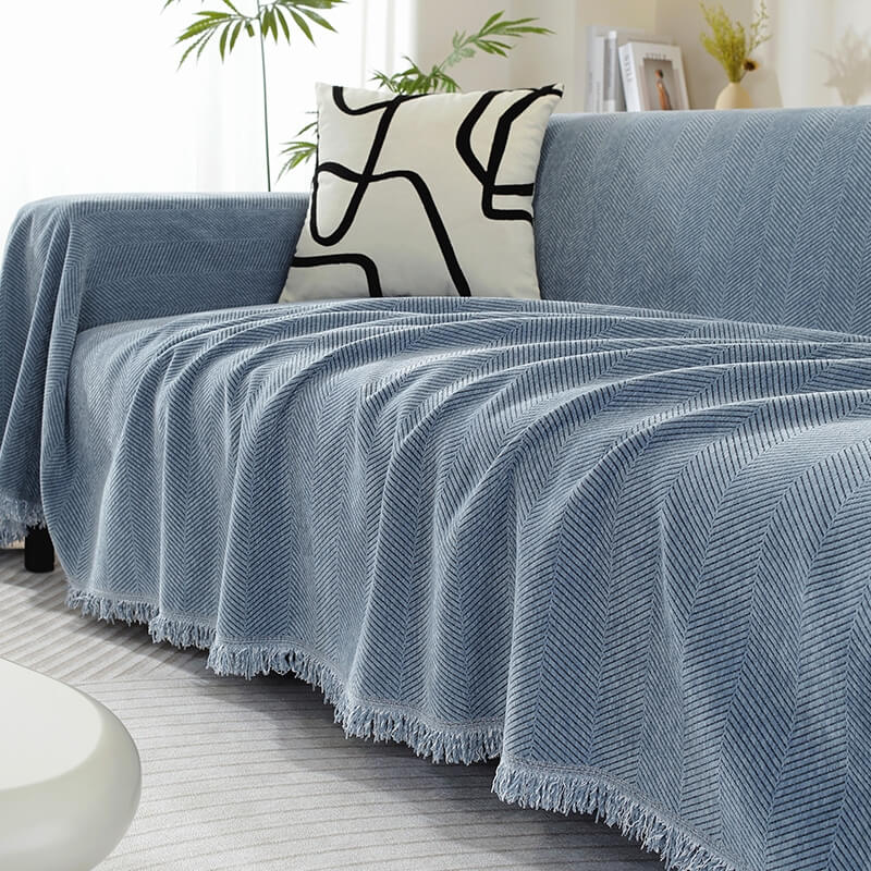 Herringbone Sofa Throw Soft Textured Blanket with Tassels