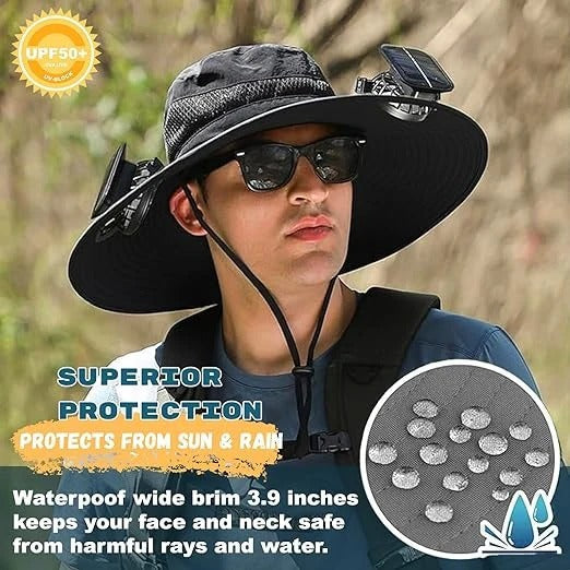 Men Sun Hat Solar Powered Cooling Fans with Wide Brim Protection - Image 2